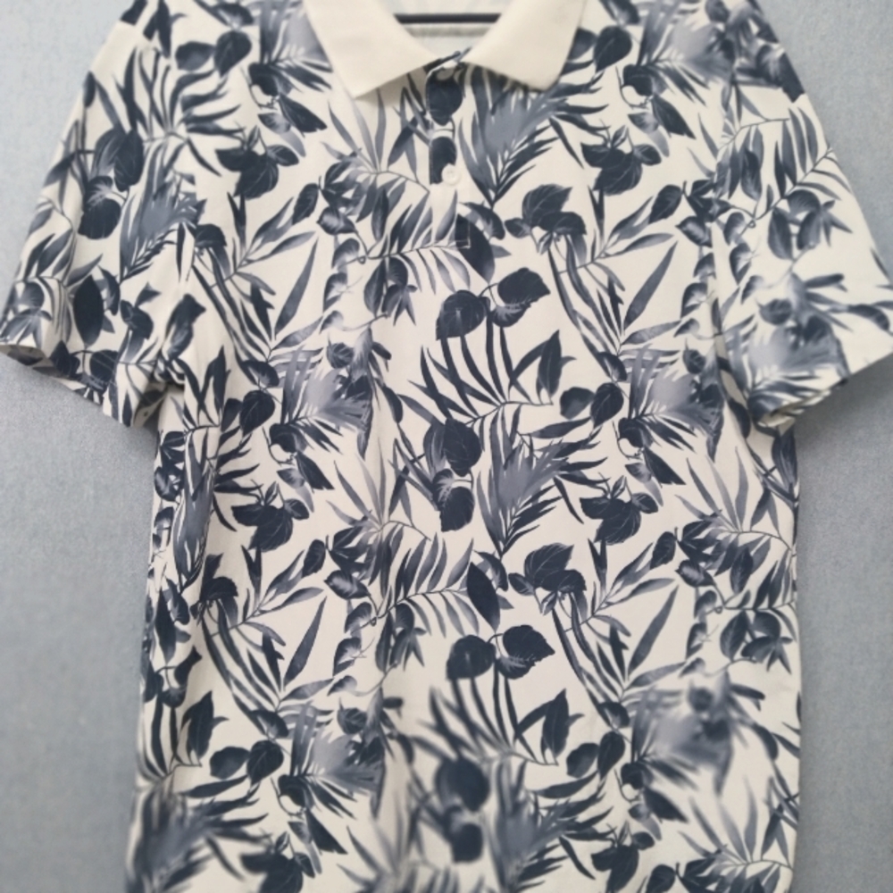 PJ Paul‎ Jones Tropical Floral Print Polo Shirt Navy Blue White Summer Casual L